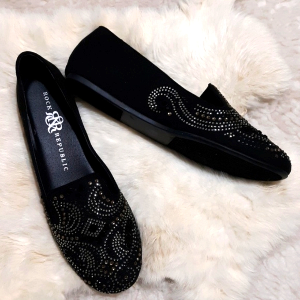 Rock & Republic Black Jeweled Slip On Loafers